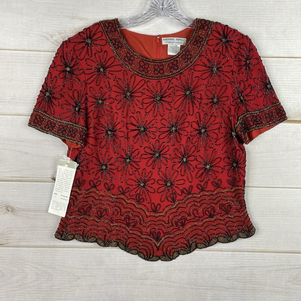 Adrianna Papell Top XL Red Silk All Over Beaded Dressy Floral Gorgeous NWT VTG